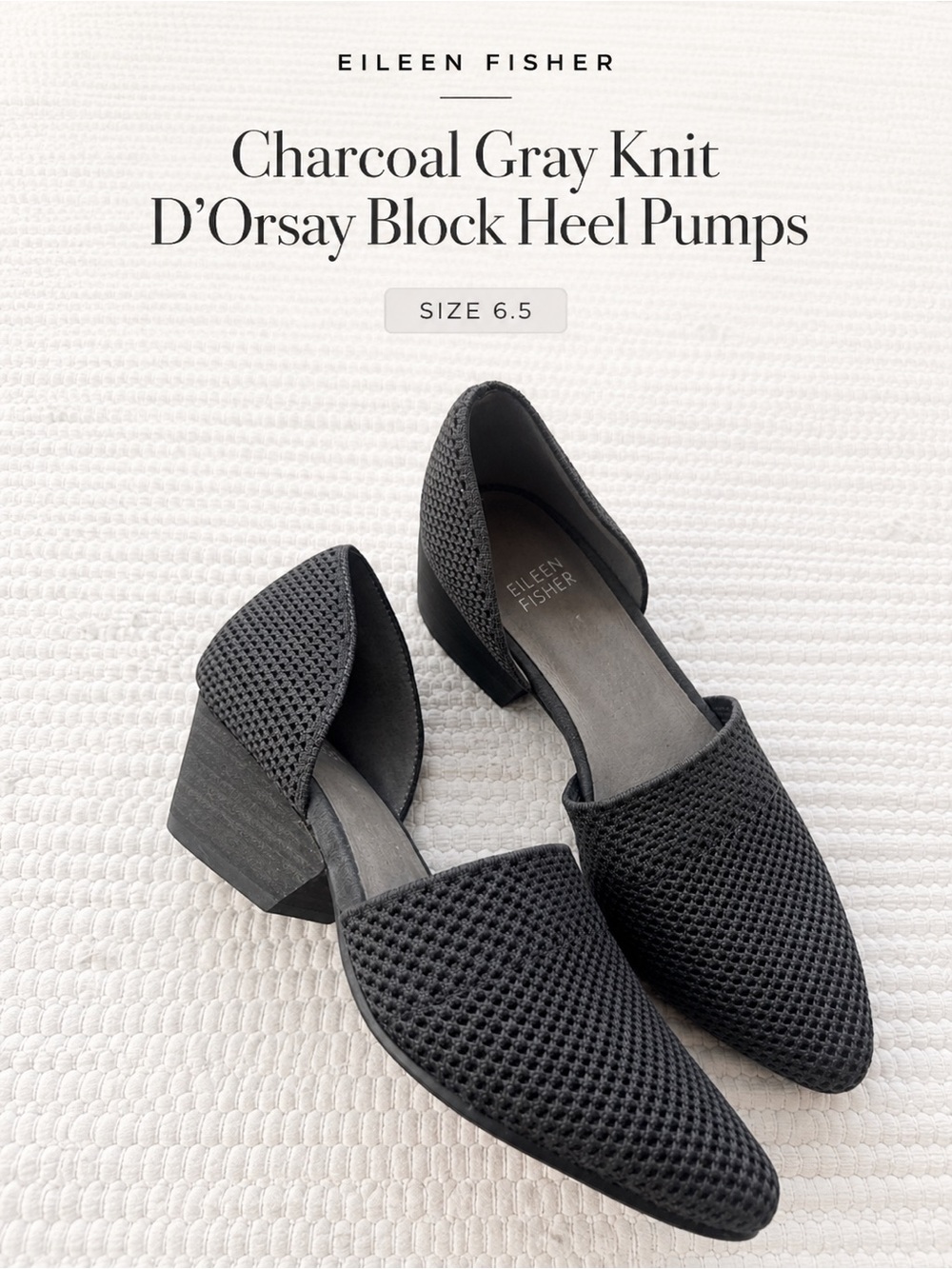 Eileen Fisher Charcoal Gray Knit D’Orsay Block Heel Pumps Size 6.5